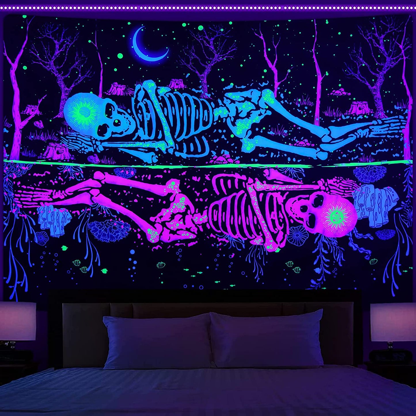 UV Reactive Black Light Fluorescent Wall Hanging, Skeleton Lover Tapestry, Trippy Tapestry, Psychedelic Dark Galaxy Moon Mandala Party Décor
