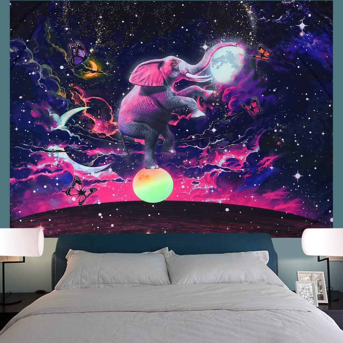 Elephant Tapestry, Blacklight Fantasy Yoga Tapestry, UV Reactive Universe Space Wall Hangings, Trippy Tapestry Blue For Living Room, Bedroom