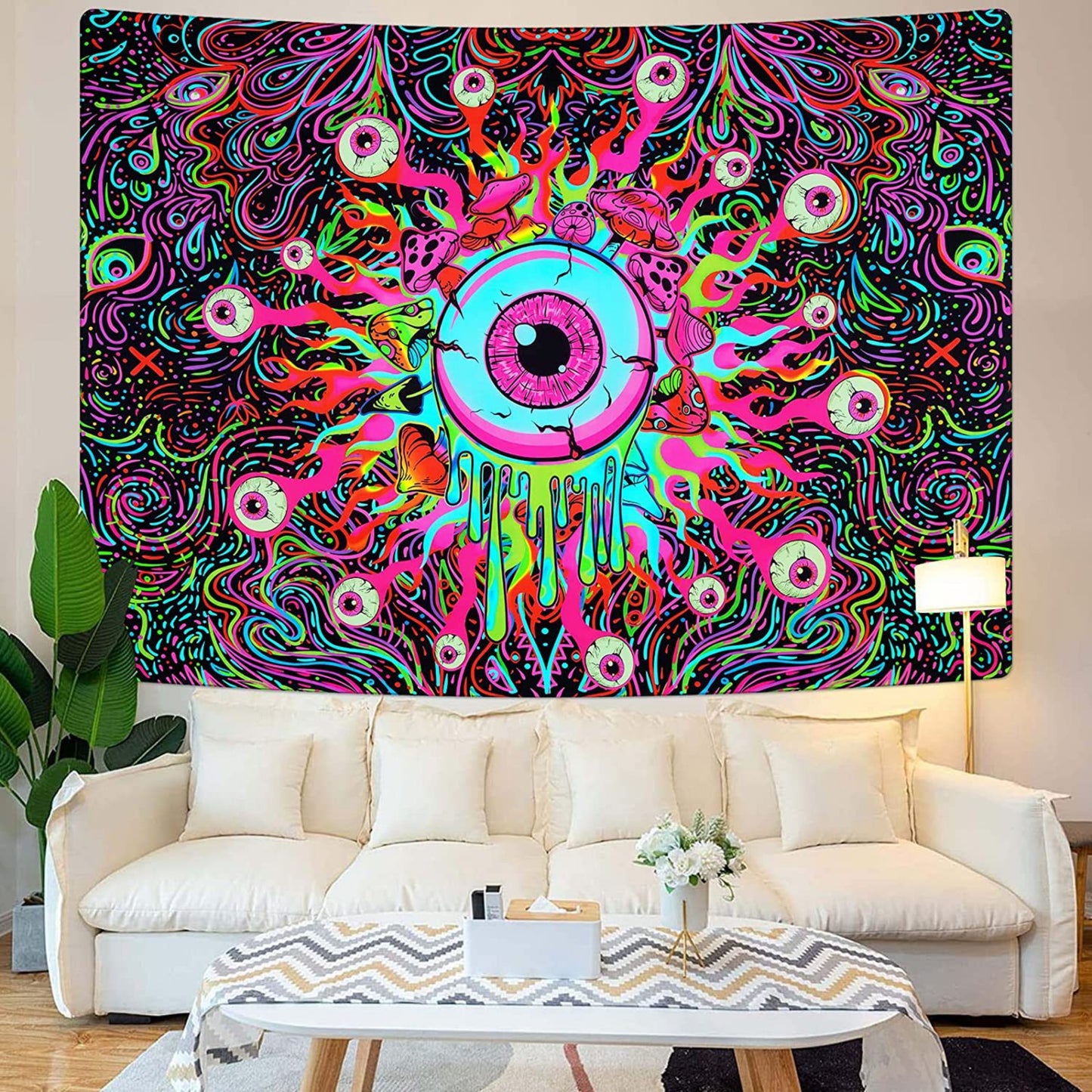 UV Reactive Eyes Tapestry, Trippy Tapestry Wall Hanging,  Blacklight Mushroom  ,Psychedelic Wall Art , Neon Aesthetic Tapestries for Party