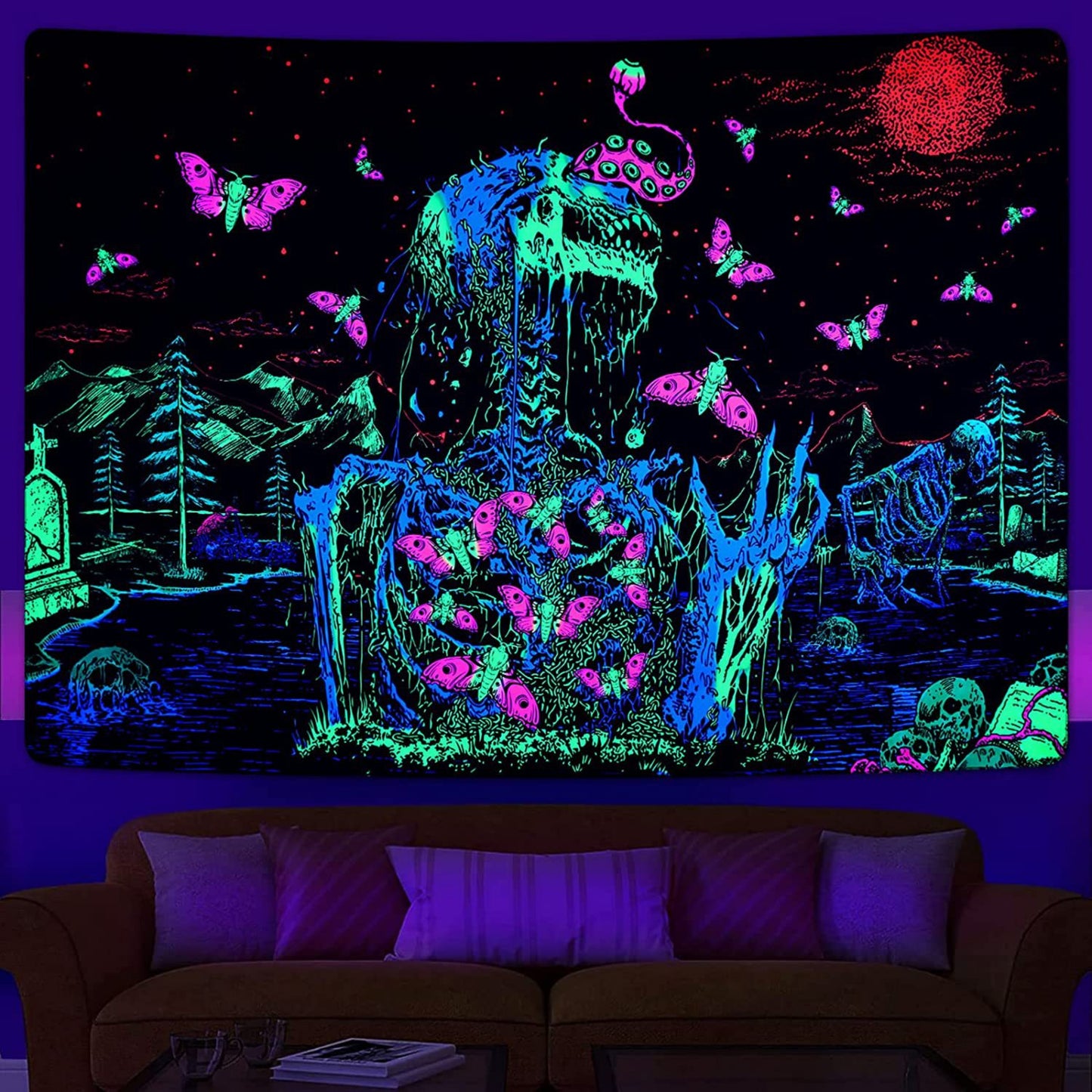 Blacklight Goth Skeleton Tapestry , UV Reactive Trippy Neon Butterfly Mandala Tapestry, Glow in the Dark  Skull Tapestries Gothic Wall Party