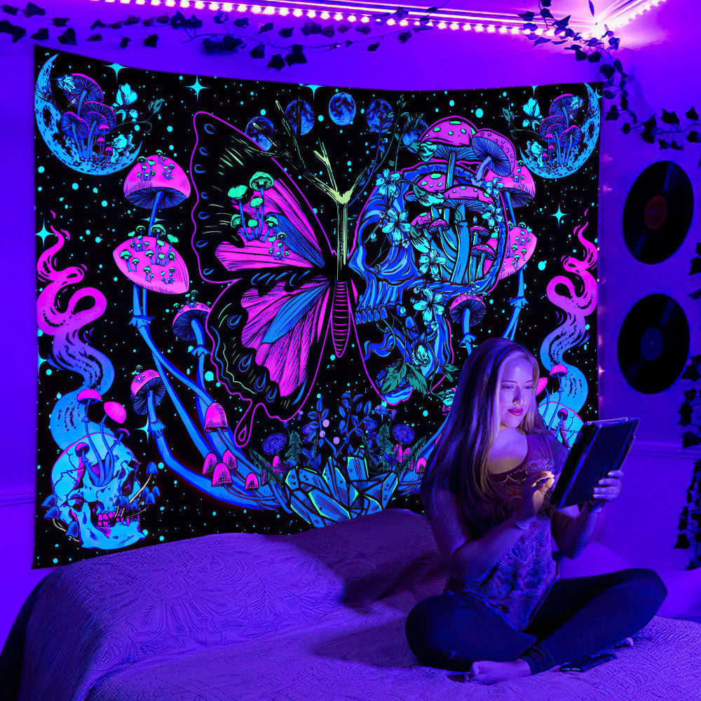 Blacklight Tapestry, UV Reactive Trippy Mushroom Butterfly Tapestries, Aesthetic Moth Moon Flowers  Hippie Snake Tapestry Wall Hanging