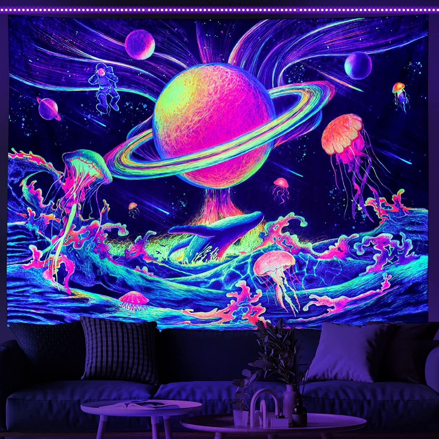UV Reactive Tapestry, Trippy Tapestry Wall Hanging, Blacklight Planet, Galaxy, Jellyfish, Universe, Ocean ,Fantasy Wall Tapestry for Bedroom