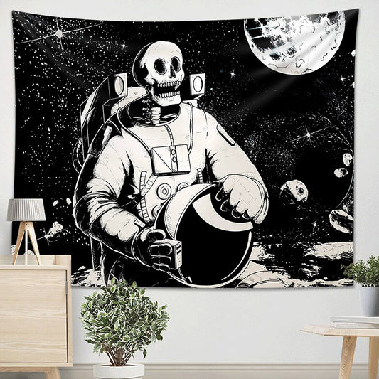 Skeleton Tapestry, Astronaut in Space Wall Tapestry , Skull Wall Hanging  , Black and White Moon Star, Hippie ,Goth,  for Bedroom, Dorm