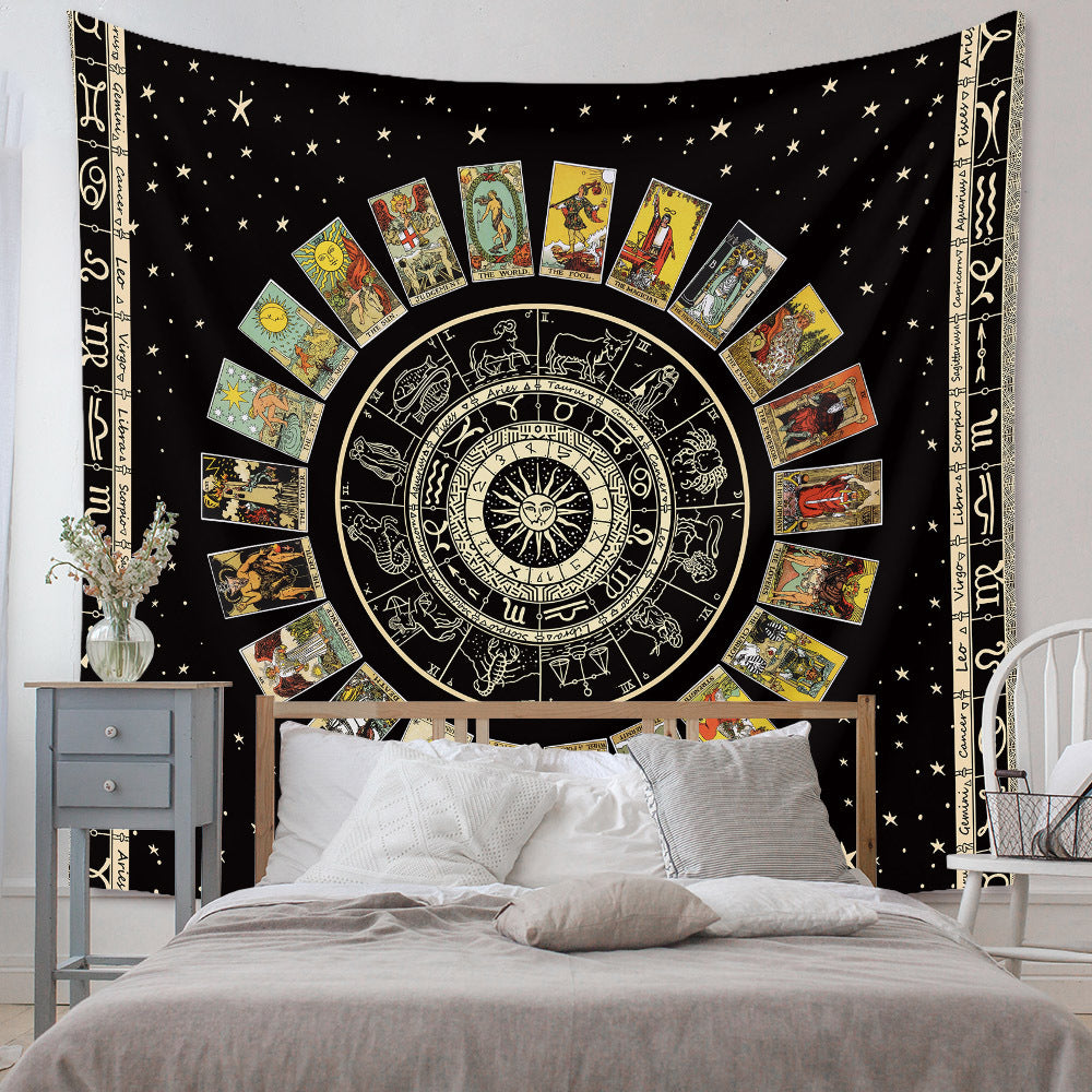 Black Mandala Tarot Card Tapestry Wheel of the Zodiac Witchy Astrology Aesthetic Celestial Constellation Wall Hanging for Living Room, Dorm