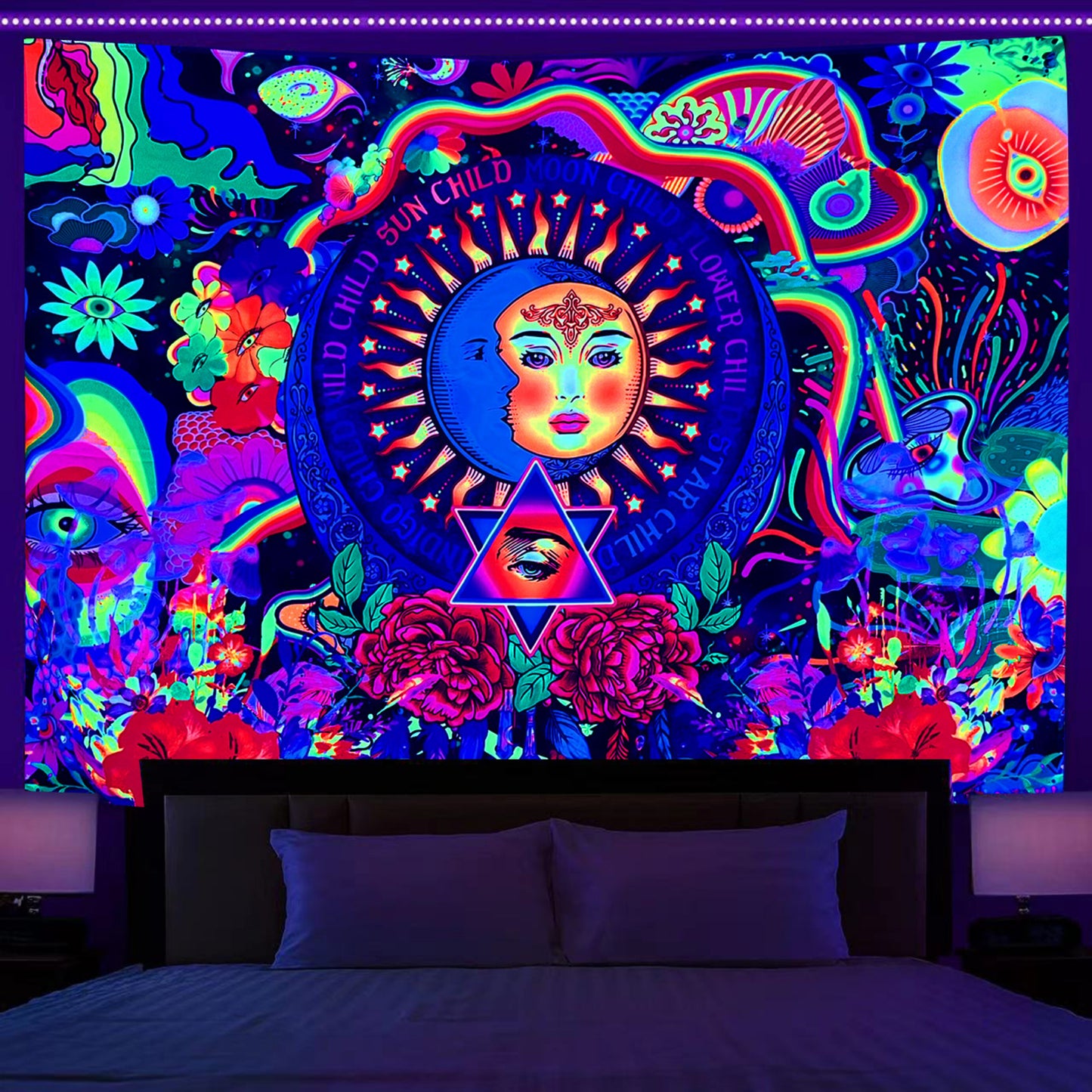 Fluorescent UV Reactive Wall Hanging, Sun and Moon Tapestries , Black light Psychedelic Neon Trippy Mushroom Tapestry For Backdrop Dorm