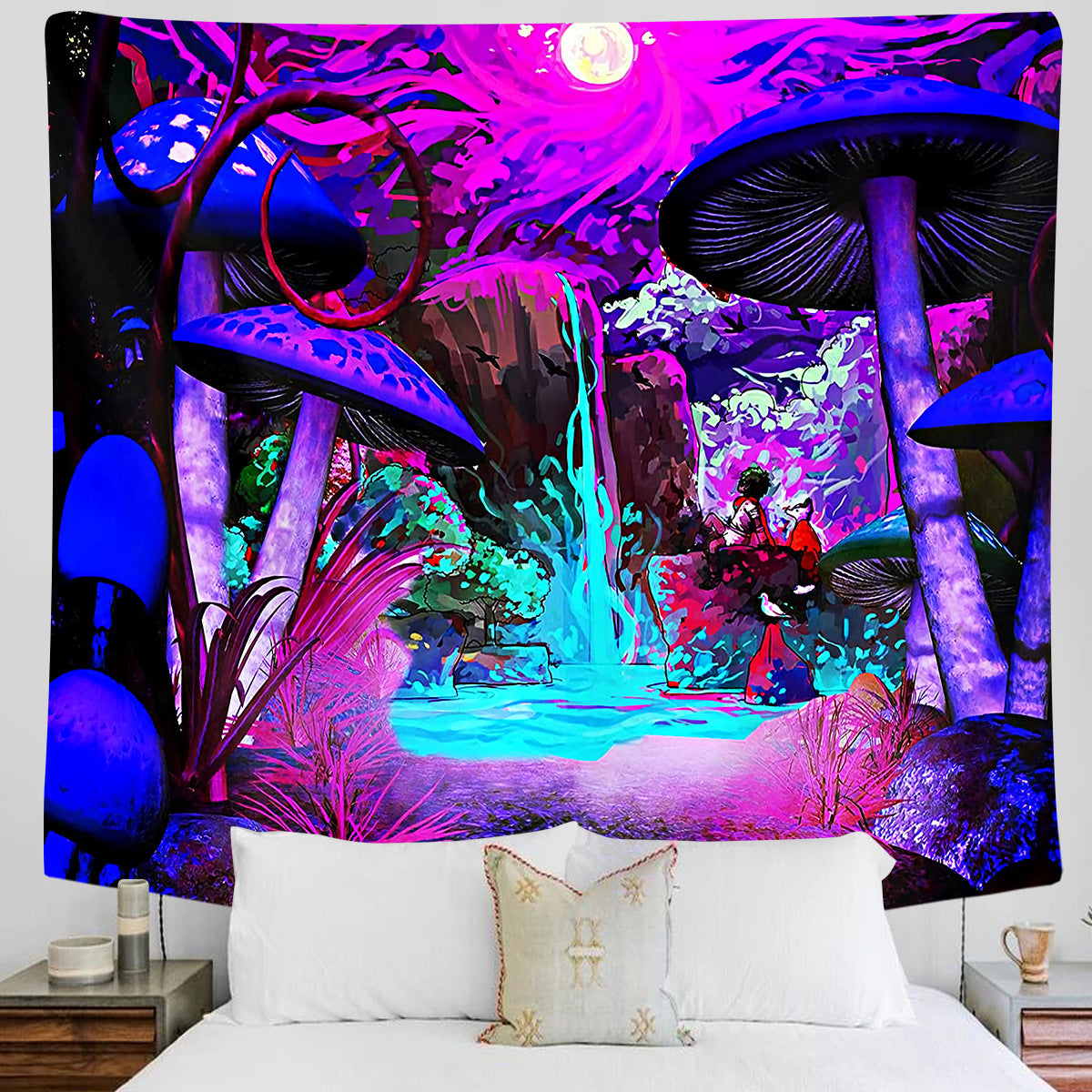 Mushroom Tapestry, Psychedelic Landscape Tapestries Trippy Tapestry, UV Abstract Aesthetic Wall Hanging, Hippie for Bedroom Dorm Décor