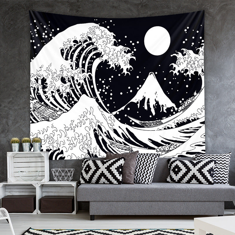 Black And White Tapestry, The Great Wave off Kanagawa Wall Hanging, Japanese Art, Sun Tapestry, Japanese Wave, For Meditation , Room Decor