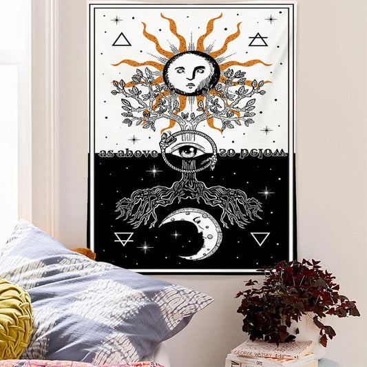 Tarot Tapestry, Moon and Sun Tapestry ,Mysterious Tarot Cards Tapestries ,White and Black Tapestry Wall Hanging , Three of Life Wall Art