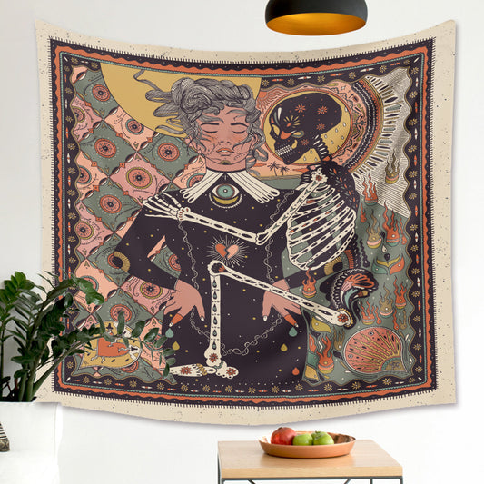 Vintage Retro Wall Tapestry, Skeleton and Woman Flower Tapestry Wall Hanging Print, Tapestries For Bedroom College Dorm Aesthetic Decor