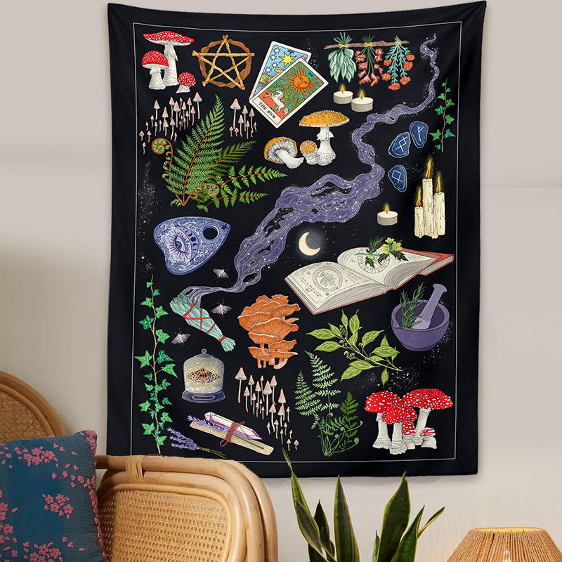 Mushrooms Tapestry, Tarot Wall Hanging, Witch Wall Art Witchcraft Witchy Décor, Gothic Psychedelic Hippie Bohemian Tapestry, For Dorm, Room