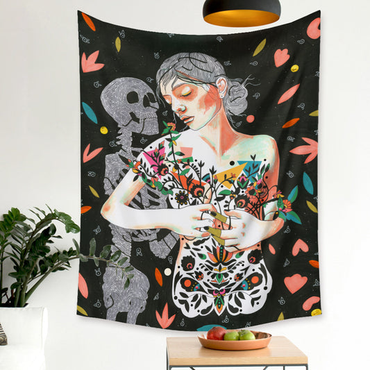 Flower Woman Nude and Skeleton Tapestry, Skull Tapestry ,Aesthetic Wall Hanging , Psychedelic Bohemian Hippie Wall Art for Bedroom, Room