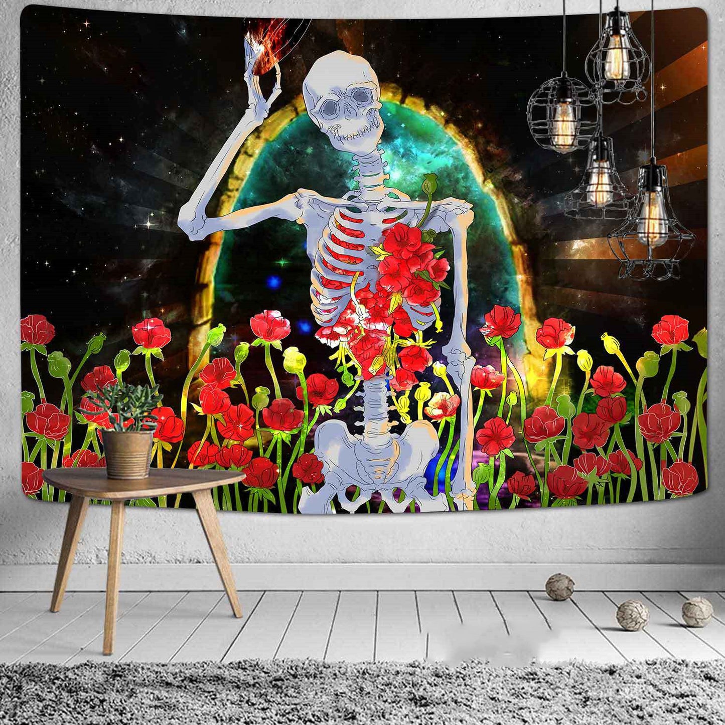 Skeleton Tapestry, Human Skull Floral Wall Hanging, Tarot  Cloth, Psychedelic Hippie Trippy Art Tapestry for Living Room Bedroom Dorm