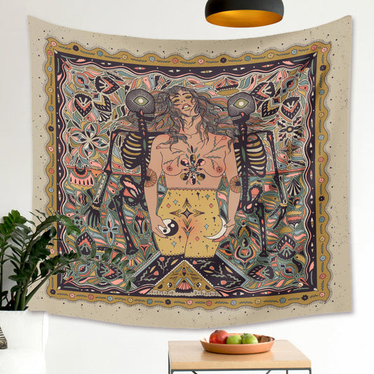 Vintage Trippy Wall Tapestry, Skeleton Naked Woman Flower Tapestry Wall Hanging, Tarot Cloth, Abstarct, Goth Hanging Art for Bedroom Room