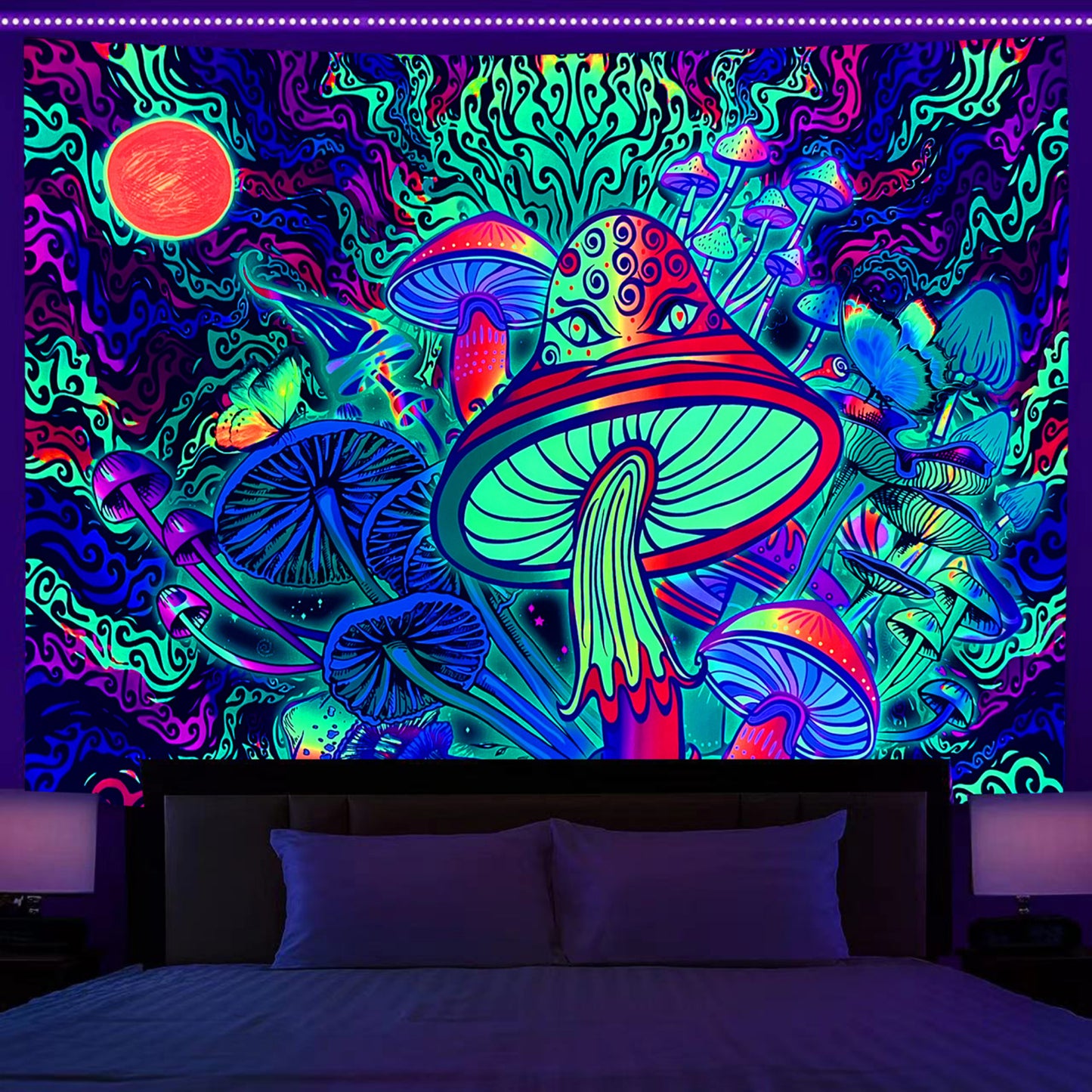 Trippy Mushroom Tapestry ,Psychedelic , Fluorescent Tapestry, Celestial  UV Reactive Hippie Tapestry for for Living Room Bedroom Dorm Décor