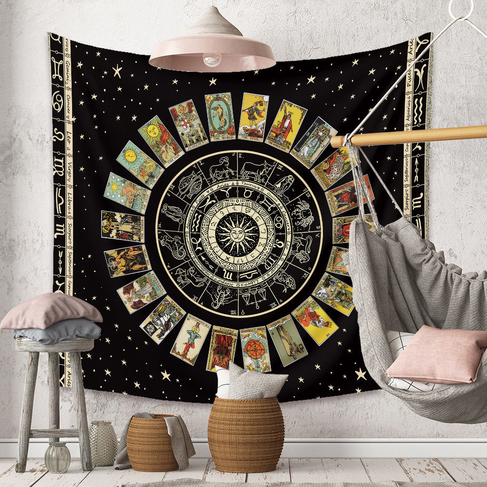 Black Mandala Tarot Card Tapestry Wheel of the Zodiac Witchy Astrology Aesthetic Celestial Constellation Wall Hanging for Living Room, Dorm