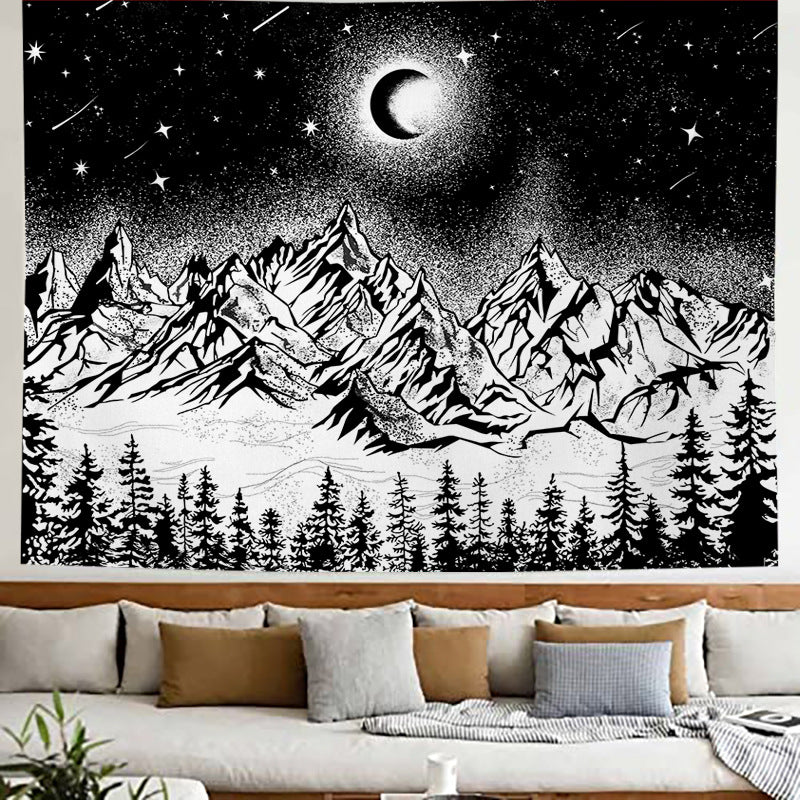 Black and White Tapestry, Psychedelic , Moon Mountains Wall Hanging,  Starry Night Trees Wall Tapestry, Trippy Nature Tapestry, for Dorm