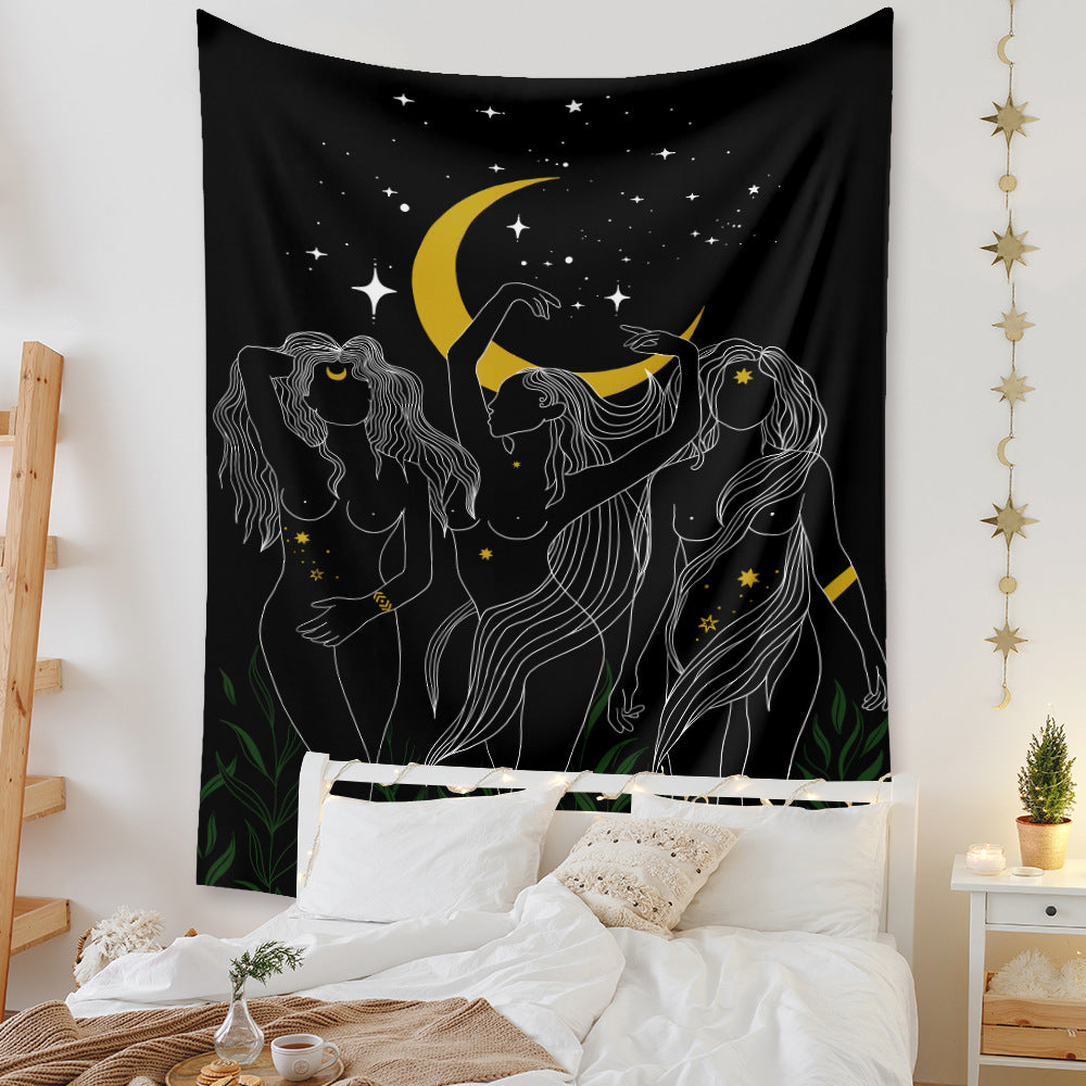 Moon Goddess Tapestry, Black Tapestry , Psychedelic Hippie Goth Trippy Witch Witchy Mandala Tarot Wall Tapestries, For  Room College Dorm