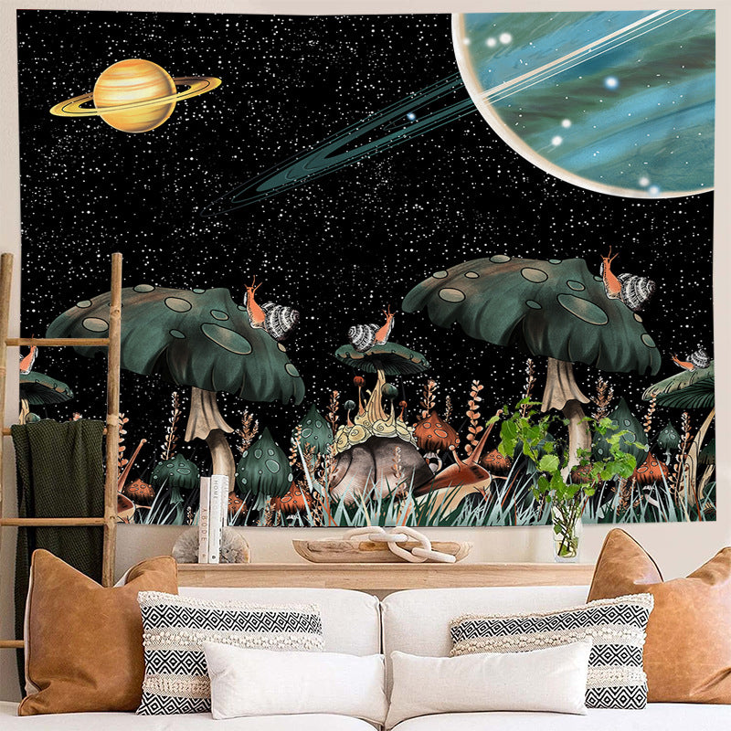 Trippy Mushroom Tapestry, Fantasy Moon Planet Stars Tapestry, Aesthetic Plants Wall Hanging,  Hippie Celestial Art for Bedroom, Livingroom