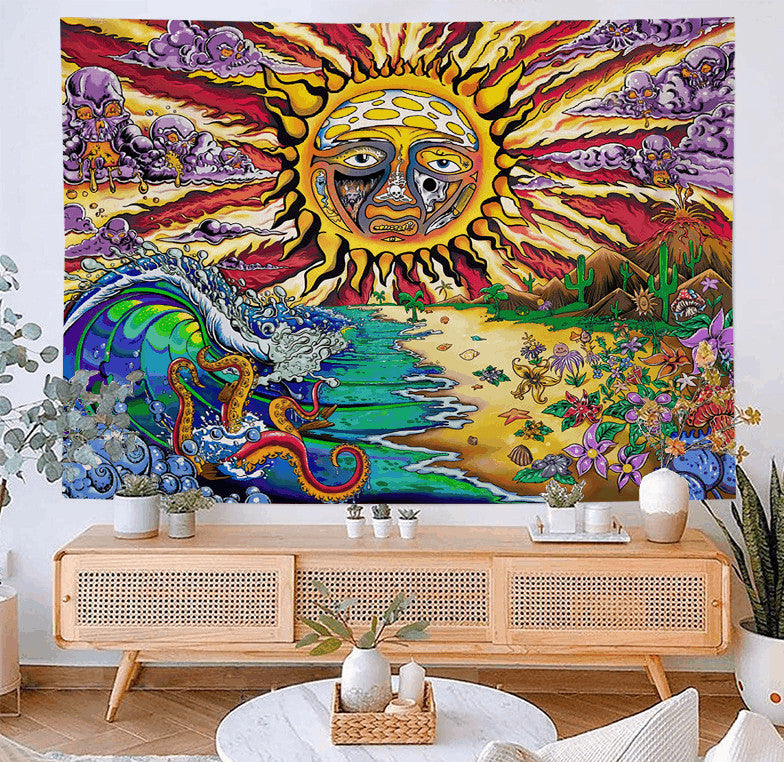 Trippy Sun Tapestry, Psychedelic Hippie Sublime Ocean Wave Sunset Sunrise Wall Hanging, Colorful Monster Wall Tapestry, Aesthetic Decor