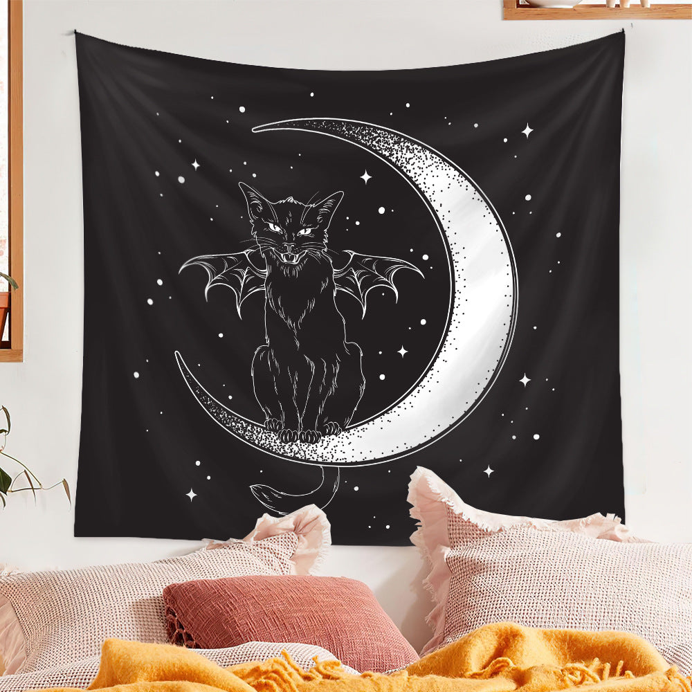 Black Cat Tapestry, Pagan Wall Hanging , Black and White Tapestry,  Moon Phase Decor , Spiritual  Goth Mandala ,Witchy Art for Living Room