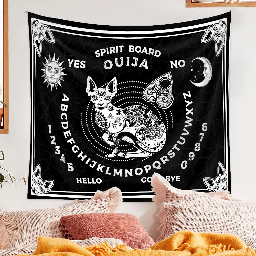 Black Cat Tapestry, Ouija Board Wall Hanging , Black and White Tapestry,  Large Tapestry , Spiritual  Goth Mandala Spirit Art , Tarot Cloth