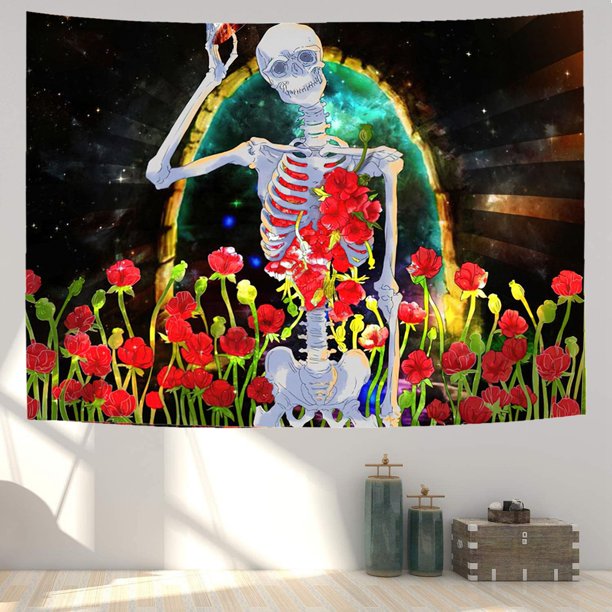 Skeleton Tapestry, Human Skull Floral Wall Hanging, Tarot  Cloth, Psychedelic Hippie Trippy Art Tapestry for Living Room Bedroom Dorm