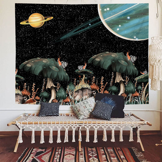 Trippy Mushroom Tapestry, Fantasy Moon Planet Stars Tapestry, Aesthetic Plants Wall Hanging,  Hippie Celestial Art for Bedroom, Livingroom