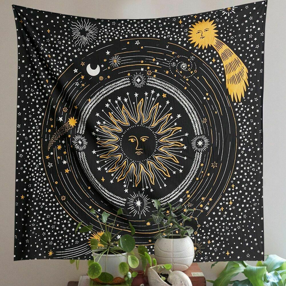 Black Burning Sun Tapestry, Starry Sky Wall Hanging,  Universe  Tapestries,  Mystic Tapestry, Hippie Wall Tapestry ,Tarot Cloth, Bedroom