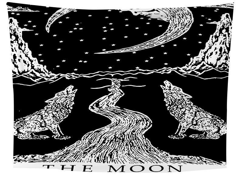 Wolf and Moon Tapestry, Black and White Gothic Psychedelic Popular Mystic Wall Hanging Tapestry, Hippie Mandala, Divination Tarot Tapestry