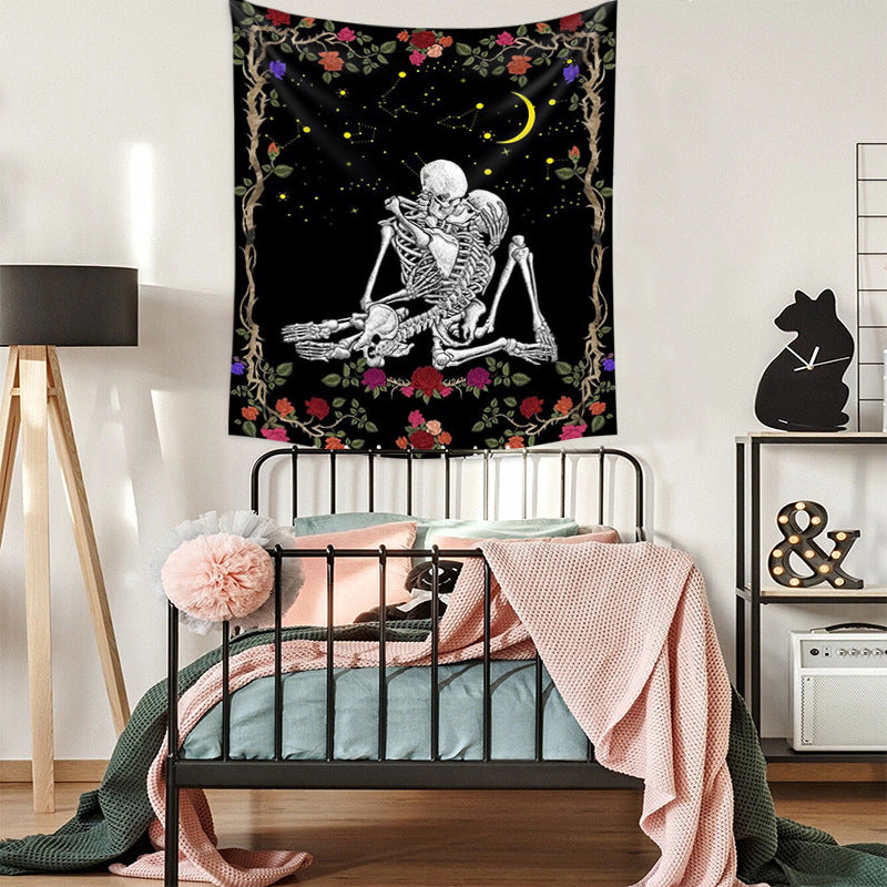 The Kissing Lovers Tapestry, Skull Rose Tapestry  ,Black Tarot Skeleton Wall Hanging  ,Tarot Cloth, Hippie ,Goth, Couple for Bedroom, Dorm