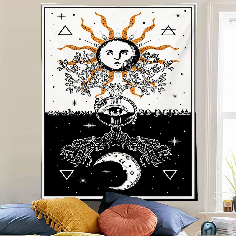 Tarot Tapestry, Moon and Sun Tapestry ,Mysterious Tarot Cards Tapestries ,White and Black Tapestry Wall Hanging , Three of Life Wall Art