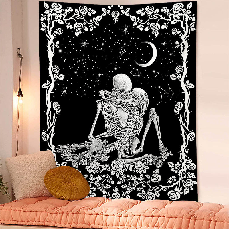 Skeleton Tapestry, Kissing Lovers Wall Art , The Kissing Lovers Wall Hanging ,Black and White Tapestry, Tarot Card Cloth, Bed Room Decor
