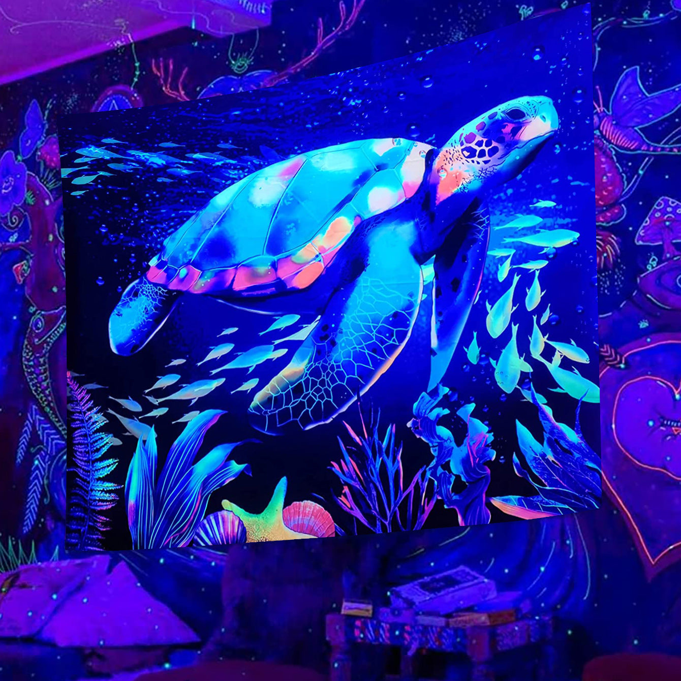 Sea Turtle Tapestry, Fluorescent Tapestry, Backlight Wall Hanging, UV Reactive Tapestries ,Ocean life Mandala, for Bedroom Dorm Party Décor