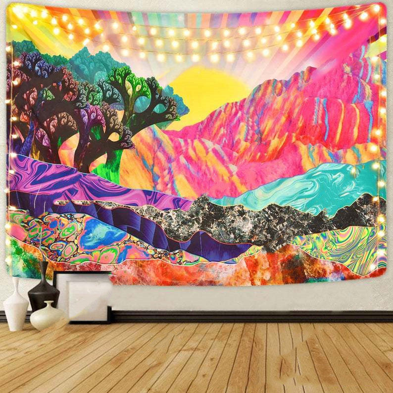 Sun Tapestry ,Psychedelic Sunset Colorful Mountain Abstract Wave Tapestry Boho Retro Wall Tapestry Nature Tapestry Hanging for Bedroom Dorm