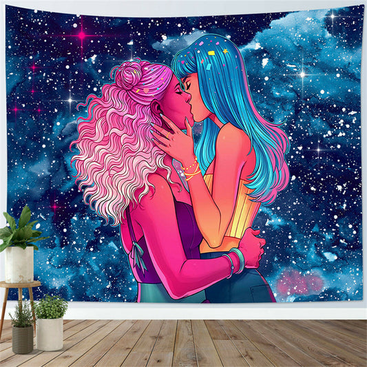 Girl Kissing Tapestry , LGBT Pride Lesbian Art , Girlfriend Love, Guy Love Wall Art , Romantic Wall Hanging,  For Bedroom Living Room Dorm