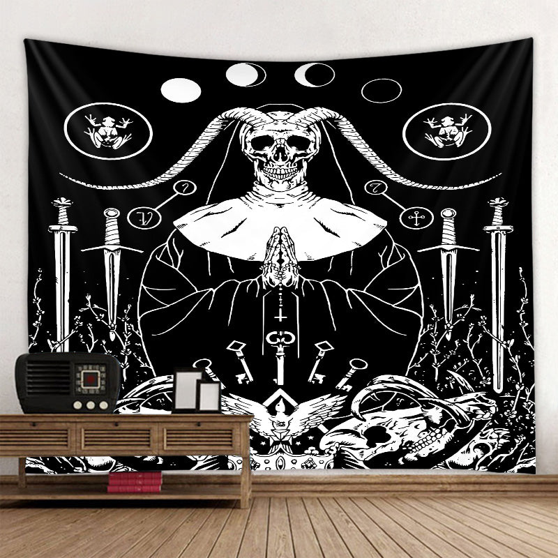 Black Tapestry Wall Hanging,  Skull Demon Pagan Goat Tarot Divination Celestial Sun and Moon Night Sky Hippie Boho Psychedelic Mandala Dorm