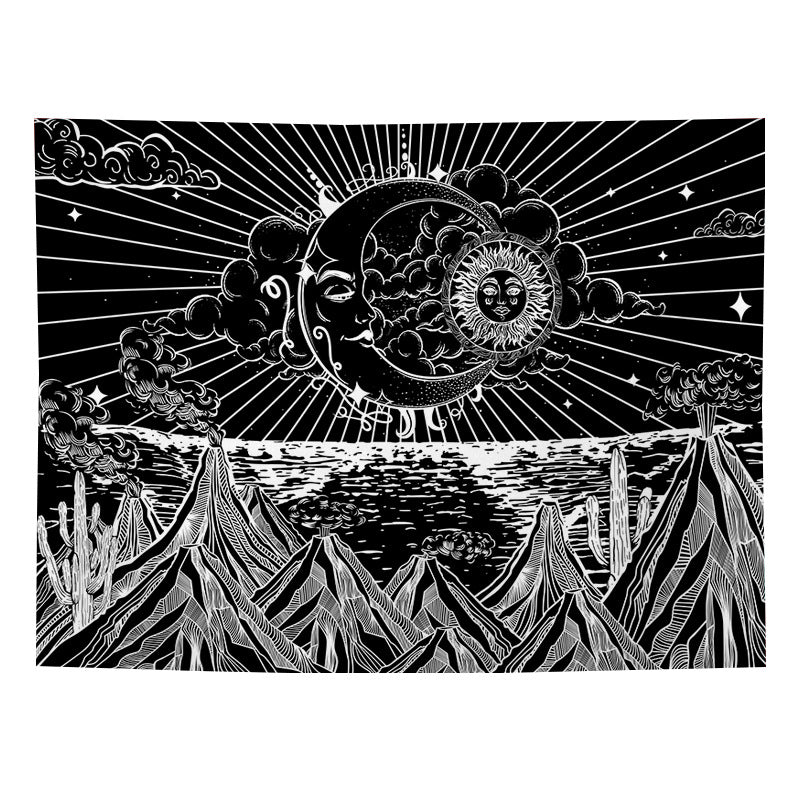 Sun and Moon Tapestry, Mountain Tapestry Aesthetic, Spiritual Stars Black and White Psychedelic Tapestry Wall Hanging Tapestries for Bedroom
