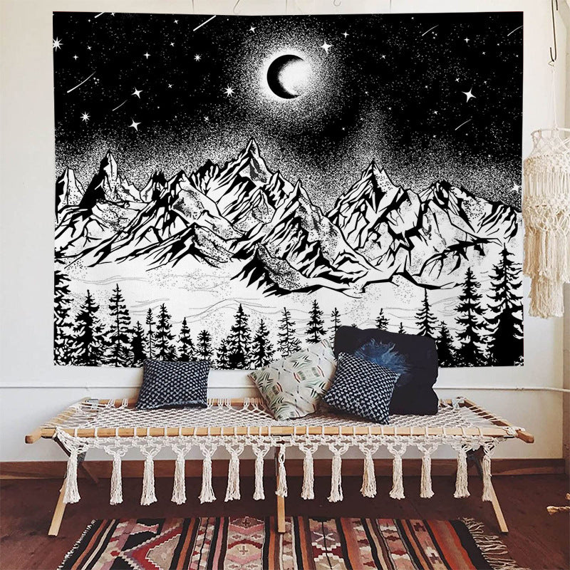 Black and White Tapestry, Psychedelic , Moon Mountains Wall Hanging,  Starry Night Trees Wall Tapestry, Trippy Nature Tapestry, for Dorm