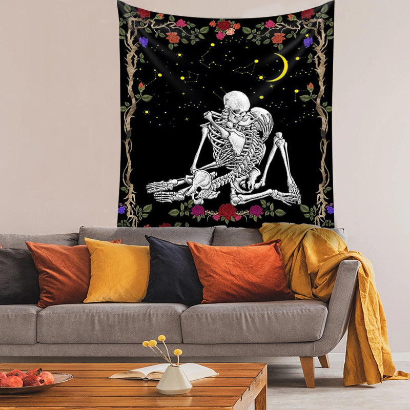 The Kissing Lovers Tapestry, Skull Rose Tapestry  ,Black Tarot Skeleton Wall Hanging  ,Tarot Cloth, Hippie ,Goth, Couple for Bedroom, Dorm
