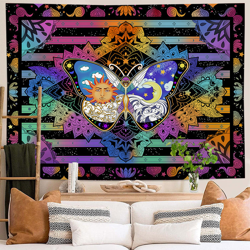 Moth Butterfly Tapestry, Moon and Sun Wall Hanging , Psychedelic Wall Art , Celestial Stars Tapestries, Hippie Aesthetic Bohemian Décor