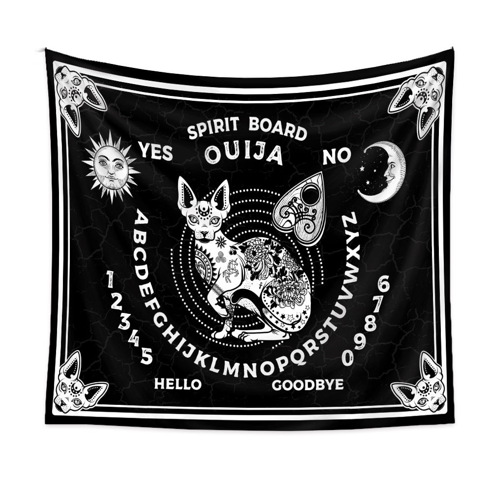 Black Cat Tapestry, Ouija Board Wall Hanging , Black and White Tapestry,  Large Tapestry , Spiritual  Goth Mandala Spirit Art , Tarot Cloth