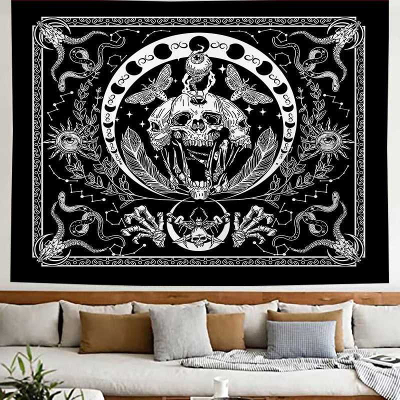 Skull Tapestry, Black and White Tapestries, Snake Tapestry Moth Tapestry, Trippy Skeleton Tapestry Mandala Moon Phase Wall Hanging for Room