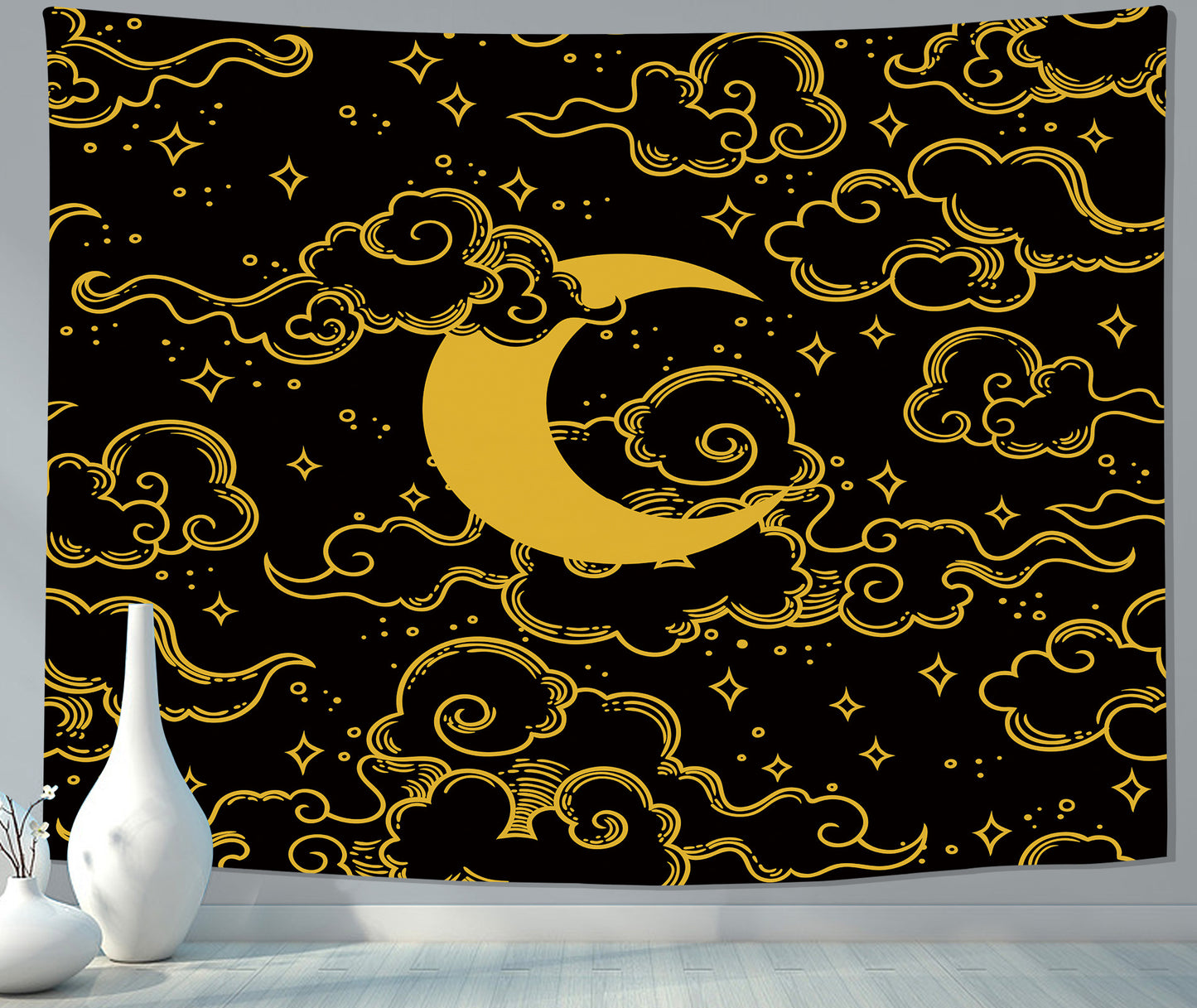 Moon Phase Tapestry , Starry Night  Wall Hanging,  Moon and Stars Tapestry,  Black and Yellow Wall Art  Mandala Tablecloth, Tarot Cloth