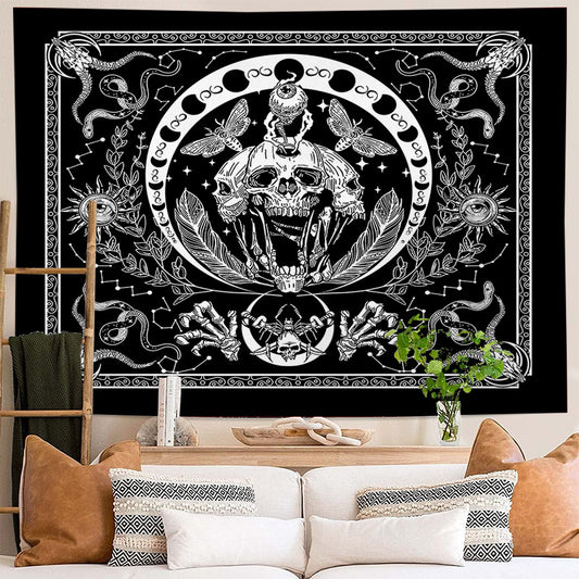 Skull Tapestry, Black and White Tapestries, Snake Tapestry Moth Tapestry, Trippy Skeleton Tapestry Mandala Moon Phase Wall Hanging for Room