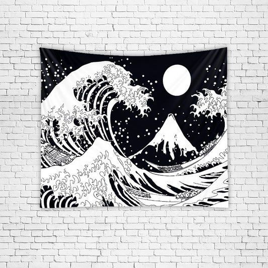 Black And White Tapestry, The Great Wave off Kanagawa Wall Hanging, Japanese Art, Sun Tapestry, Japanese Wave, For Meditation , Room Decor