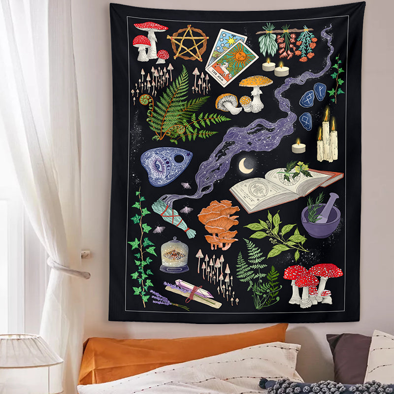 Mushrooms Tapestry, Tarot Wall Hanging, Witch Wall Art Witchcraft Witchy Décor, Gothic Psychedelic Hippie Bohemian Tapestry, For Dorm, Room