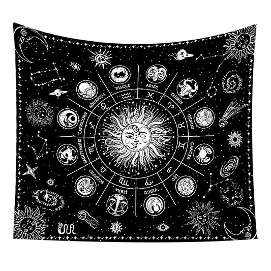 Sun and Moon Tapestry, Zodiac Wall Art , Goth Tapestry ,Black And White Wall Hanging, Tarot Cloth, Trippy Mystical Mandala,Witchy Stuff