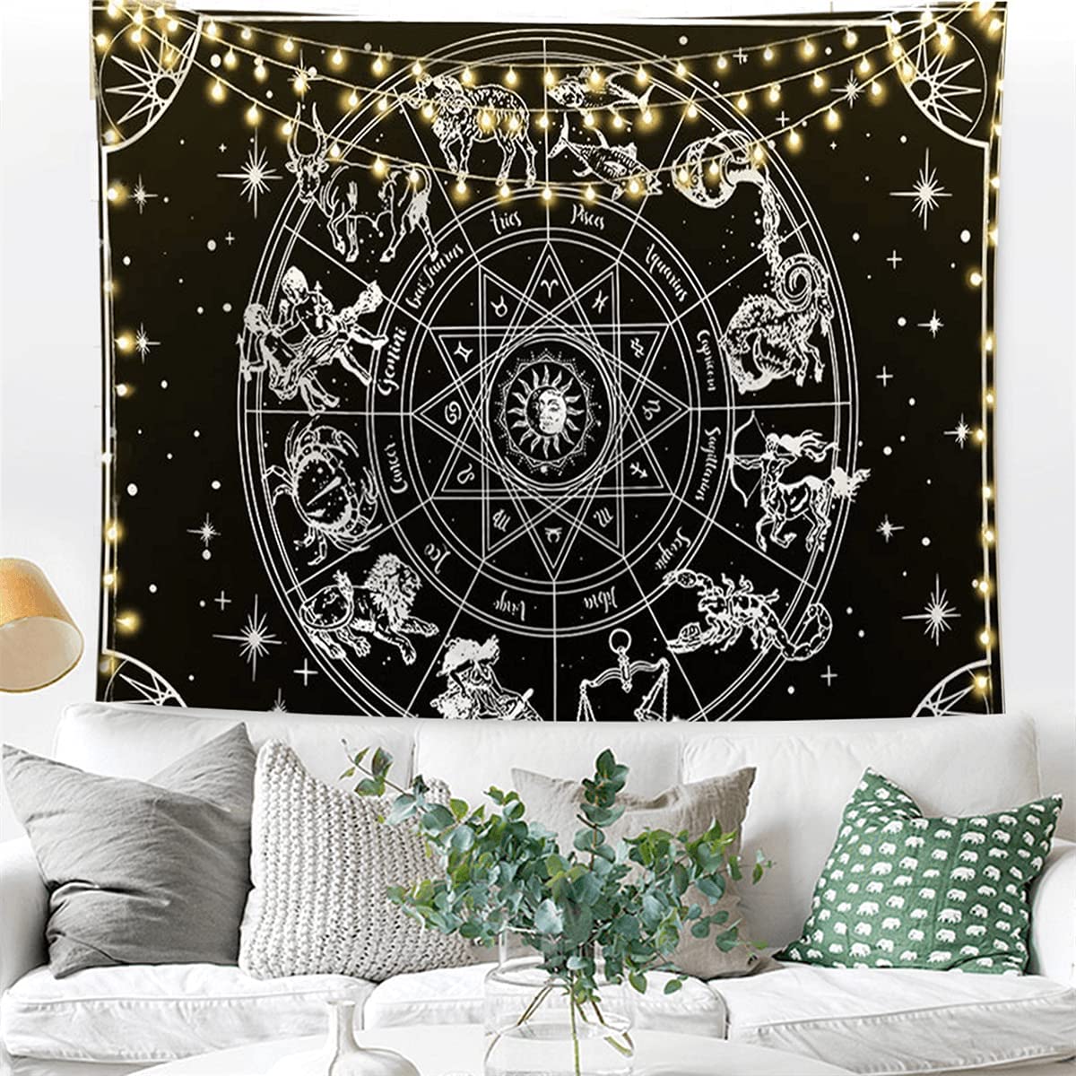 Constellation Wall Hanging, Black and White Tapestry, Tarot Cloth, Zodiac Indian Mandala, Astrology Wall Art  Living Room and Bedroom