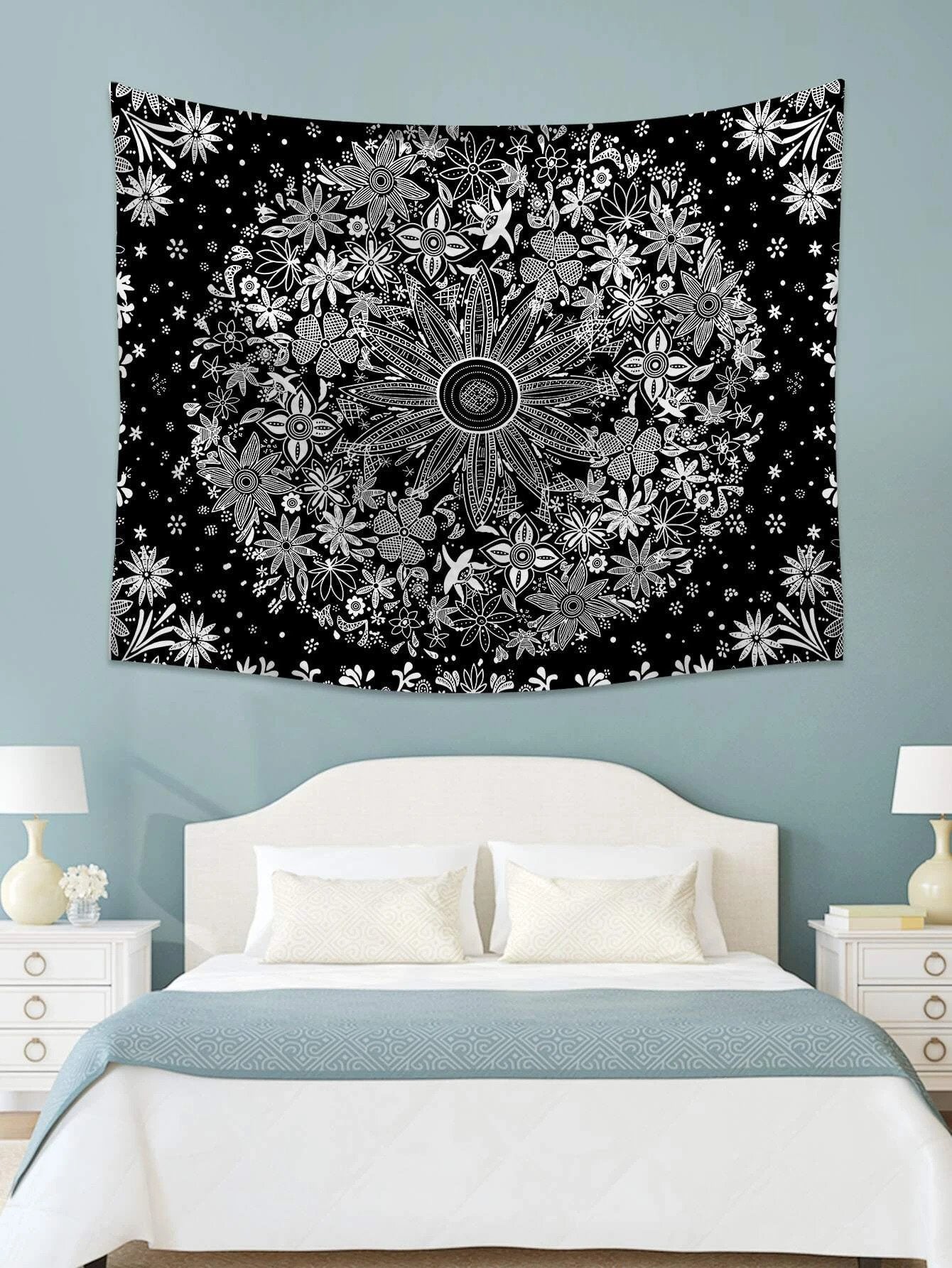 Flower Tapestry, Psychedelic, Tarot ,Astrology, Witchcraft, Black and White Mandala Tapestry Wall Hanging Wall Decor Art Celestial Room