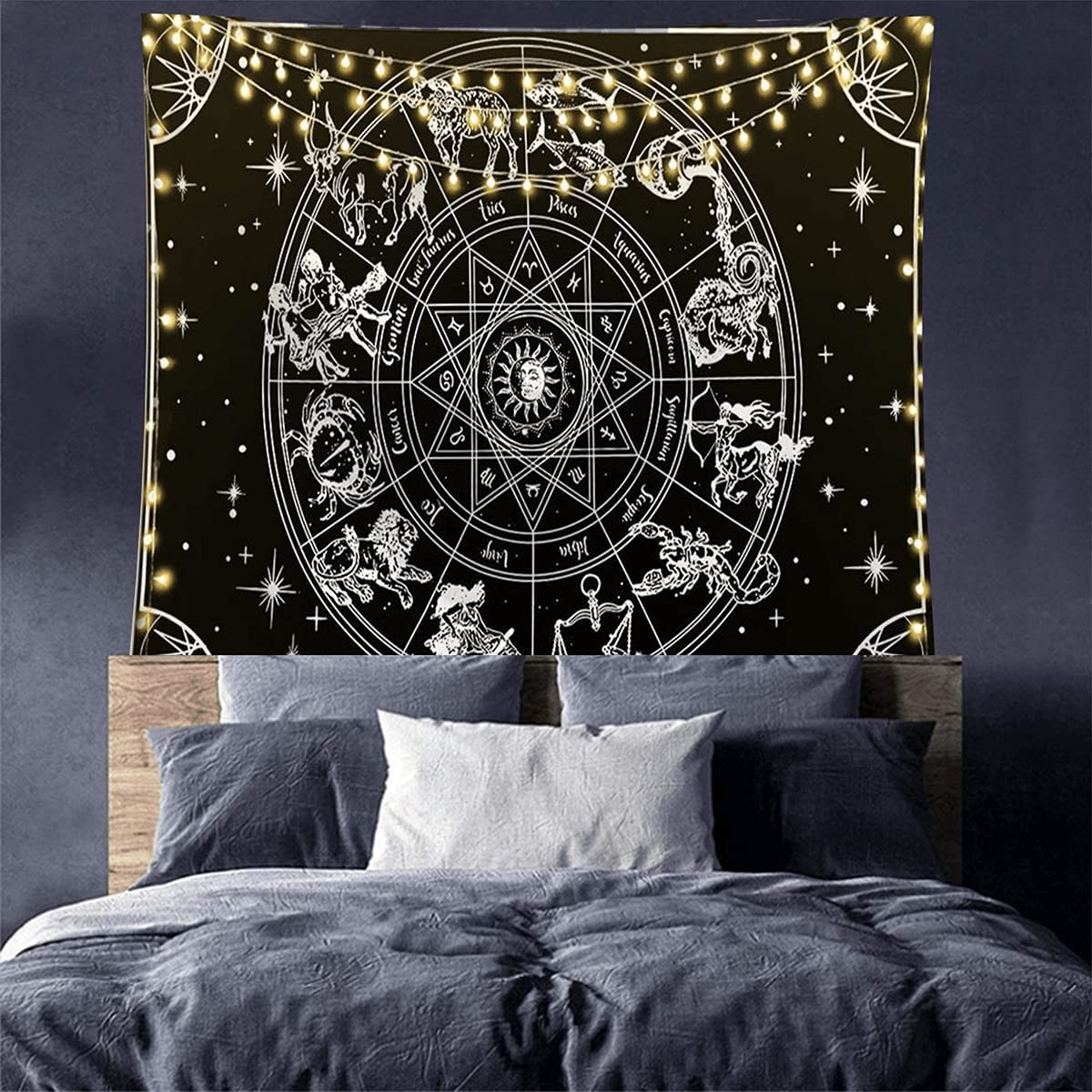 Constellation Wall Hanging, Black and White Tapestry, Tarot Cloth, Zodiac Indian Mandala, Astrology Wall Art  Living Room and Bedroom